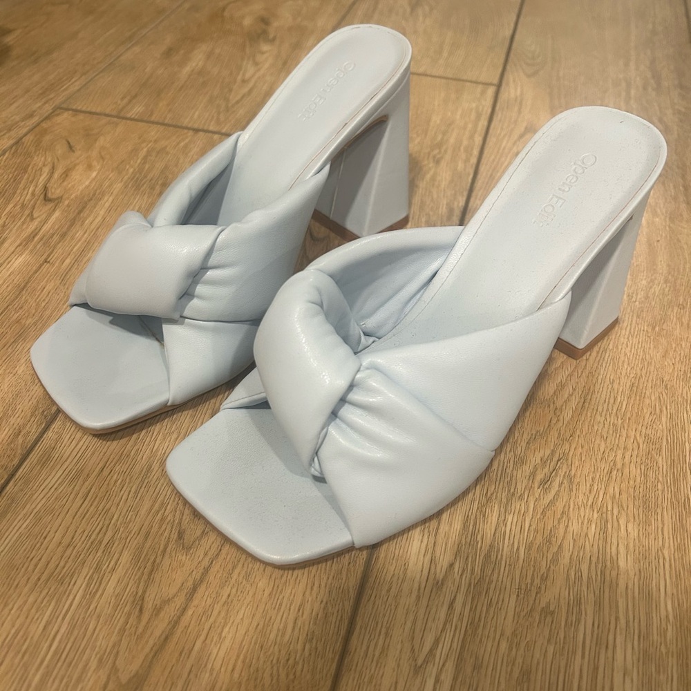 Open Edit Saydee Blue Block Heel Slip On Square Toe Sandals